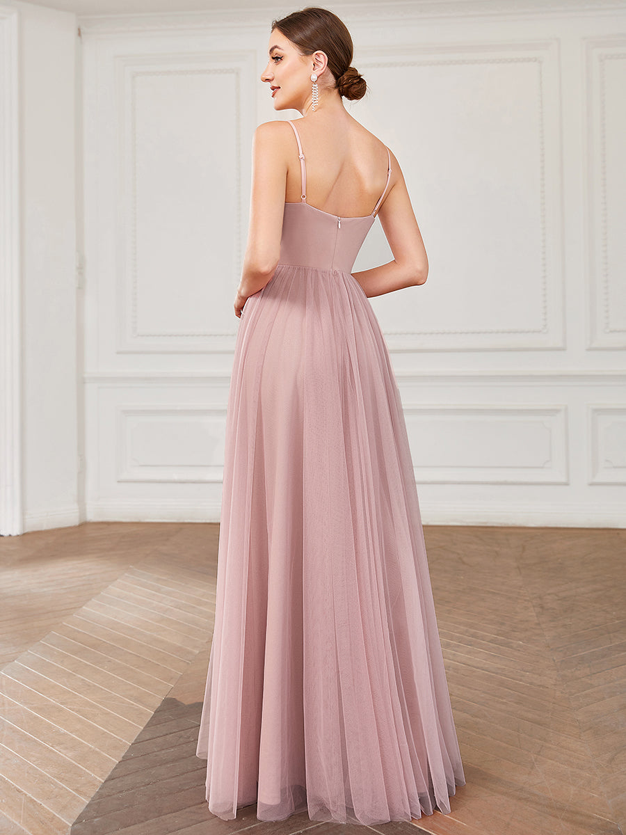 Robe de demoiselle d'honneur A-ligne en tulle avec bretelles minces #Couleur_Rose fumee