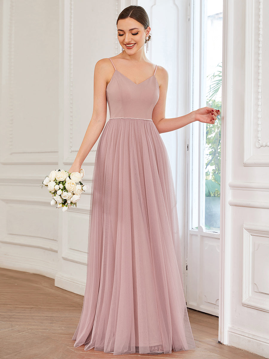 Robe de demoiselle d'honneur A-ligne en tulle avec bretelles minces #Couleur_Rose fumee