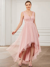 Robe de demoiselle d'honneur haut-bas en tulle avec empiècement en dentelle et illusion #Couleur_Rose