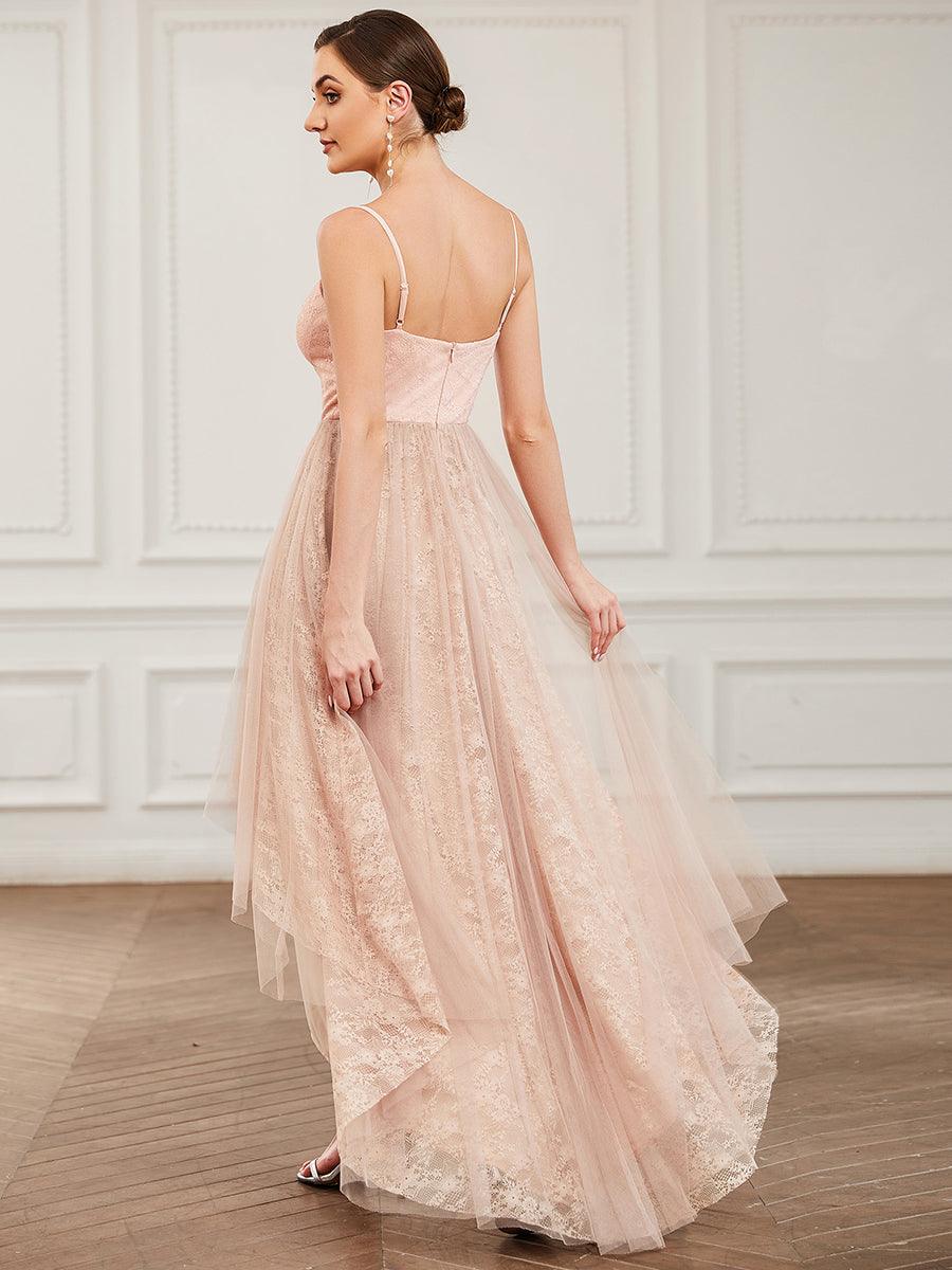 Robe de demoiselle d'honneur haut-bas à bretelles minces en dentelle #Couleur_Blush