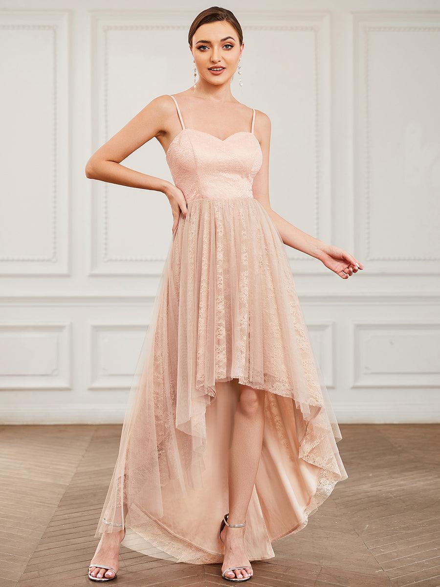 Robe de demoiselle d'honneur haut-bas à bretelles minces en dentelle #Couleur_Blush