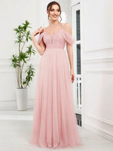 Robe de demoiselle d'honneur en tulle à épaules dénudées et bretelles fines #Couleur_Rose