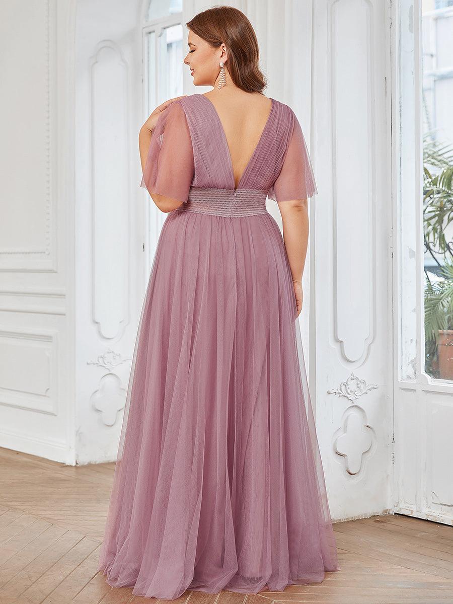 Robe de demoiselle d'honneur en tulle plissée à manches courtes Grande taille #Couleur_Orchidee