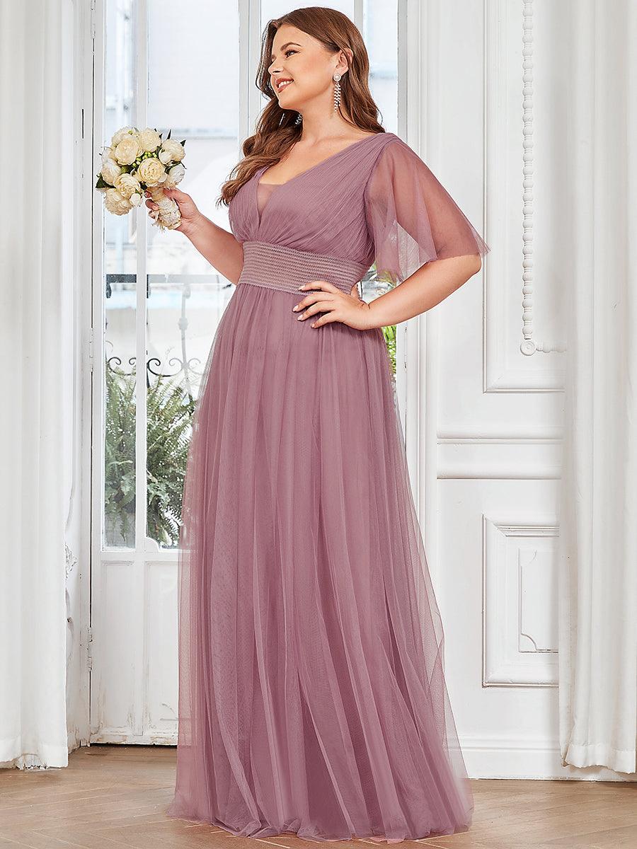 Robe de demoiselle d'honneur en tulle plissée à manches courtes Grande taille #Couleur_Orchidee