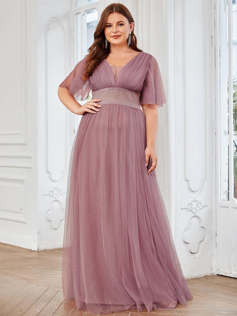 Robe de demoiselle d'honneur en tulle plissée à manches courtes Grande taille #Couleur_Orchidee