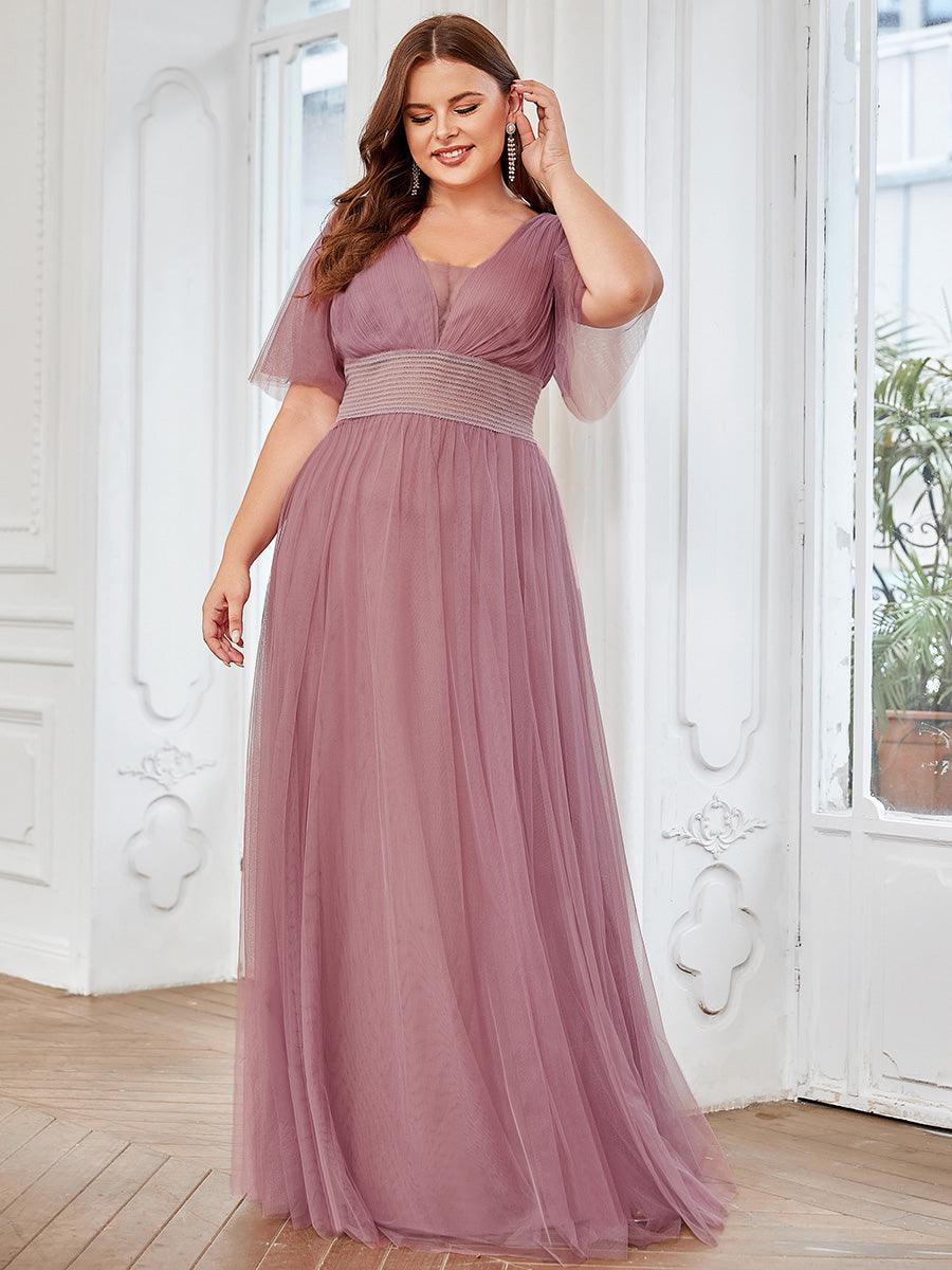 Robe de demoiselle d'honneur en tulle plissée à manches courtes Grande taille #Couleur_Orchidee