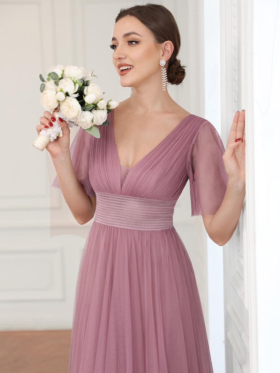 Robe de demoiselle d'honneur en tulle plissée à manches courtes et double col en V #Couleur_Orchidee