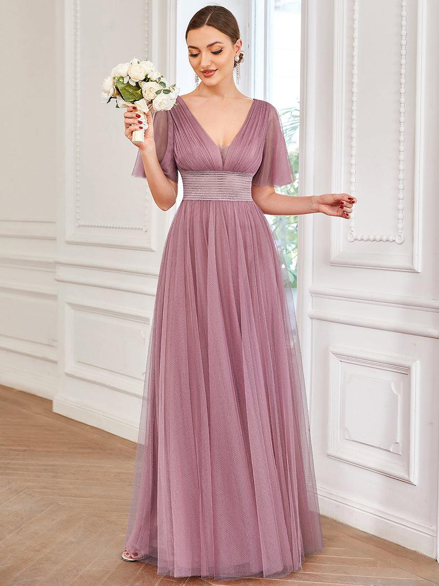 Robe de demoiselle d'honneur en tulle plissée à manches courtes et double col en V #Couleur_Orchidee