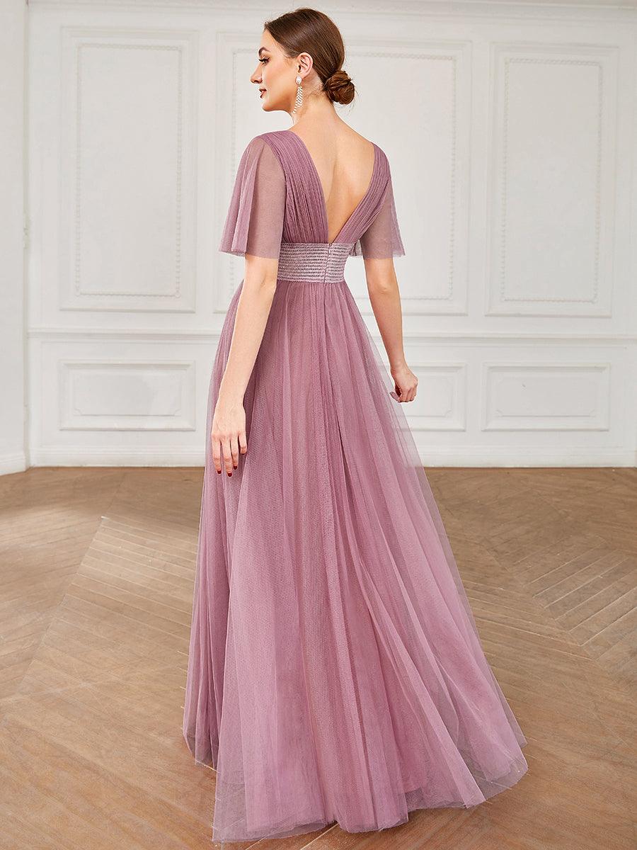Robe de demoiselle d'honneur en tulle plissée à manches courtes et double col en V #Couleur_Orchidee