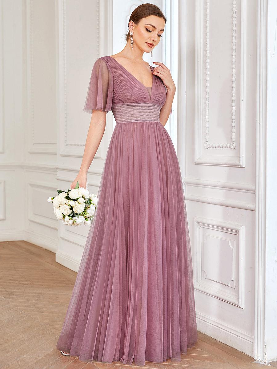 Robe de demoiselle d'honneur en tulle plissée à manches courtes et double col en V #Couleur_Orchidee