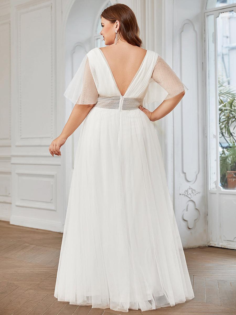 Robe de demoiselle d'honneur en tulle plissée à manches courtes Grande taille #Couleur_Blanc