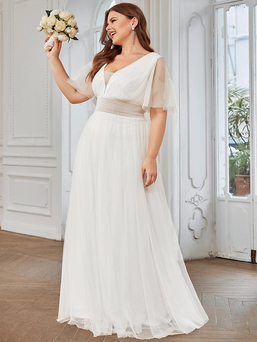 Robe de demoiselle d'honneur en tulle plissée à manches courtes Grande taille #Couleur_Blanc