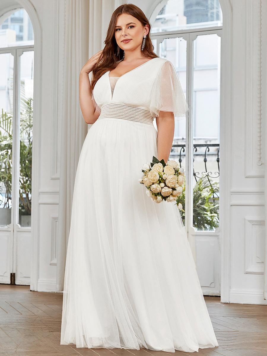 Robe de demoiselle d'honneur en tulle plissée à manches courtes Grande taille #Couleur_Blanc