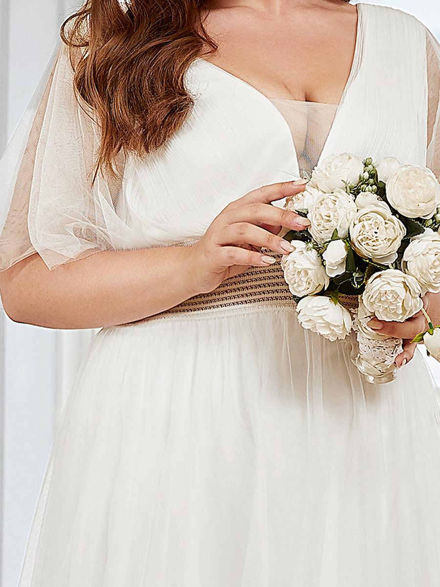 Robe de demoiselle d'honneur en tulle plissée à manches courtes Grande taille #Couleur_Blanc
