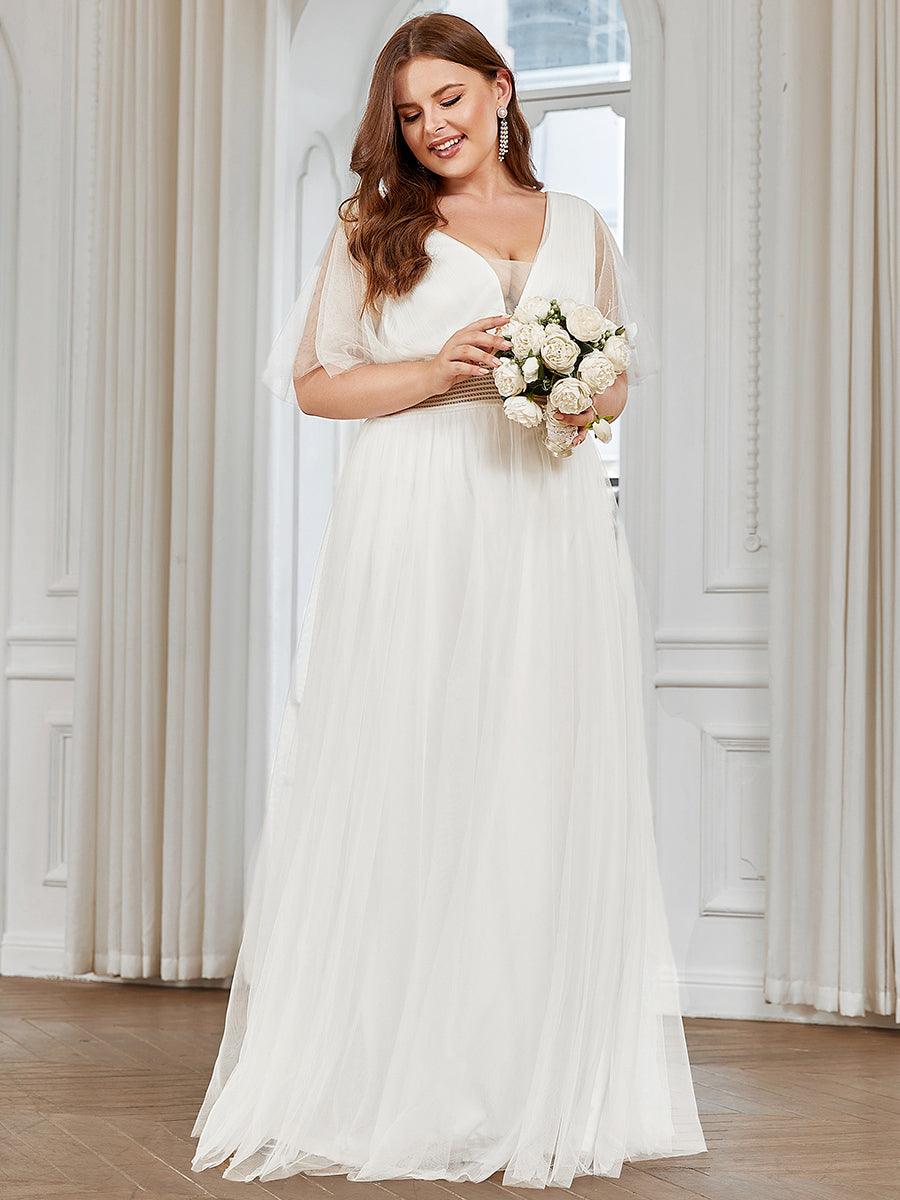 Robe de demoiselle d'honneur en tulle plissée à manches courtes Grande taille #Couleur_Blanc