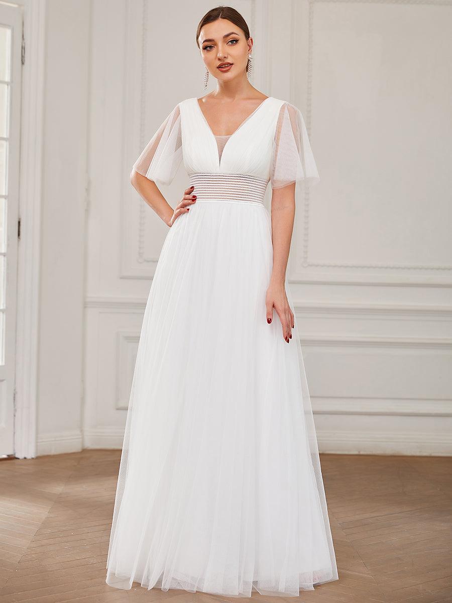 Robe de demoiselle d'honneur en tulle plissée à manches courtes et double col en V #Couleur_Blanc