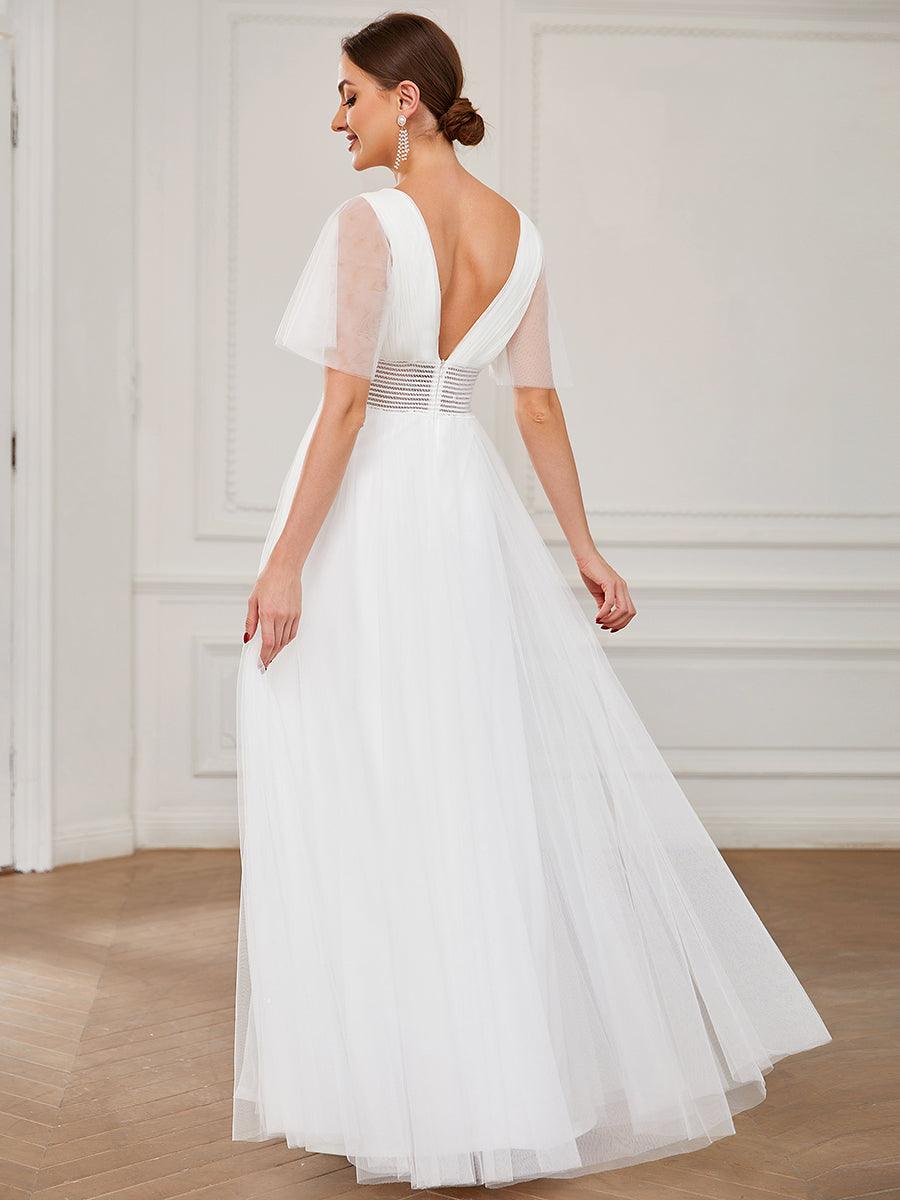 Robe de demoiselle d'honneur en tulle plissée à manches courtes et double col en V #Couleur_Blanc