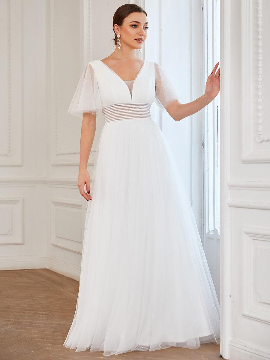 Robe de demoiselle d'honneur en tulle plissée à manches courtes et double col en V #Couleur_Blanc