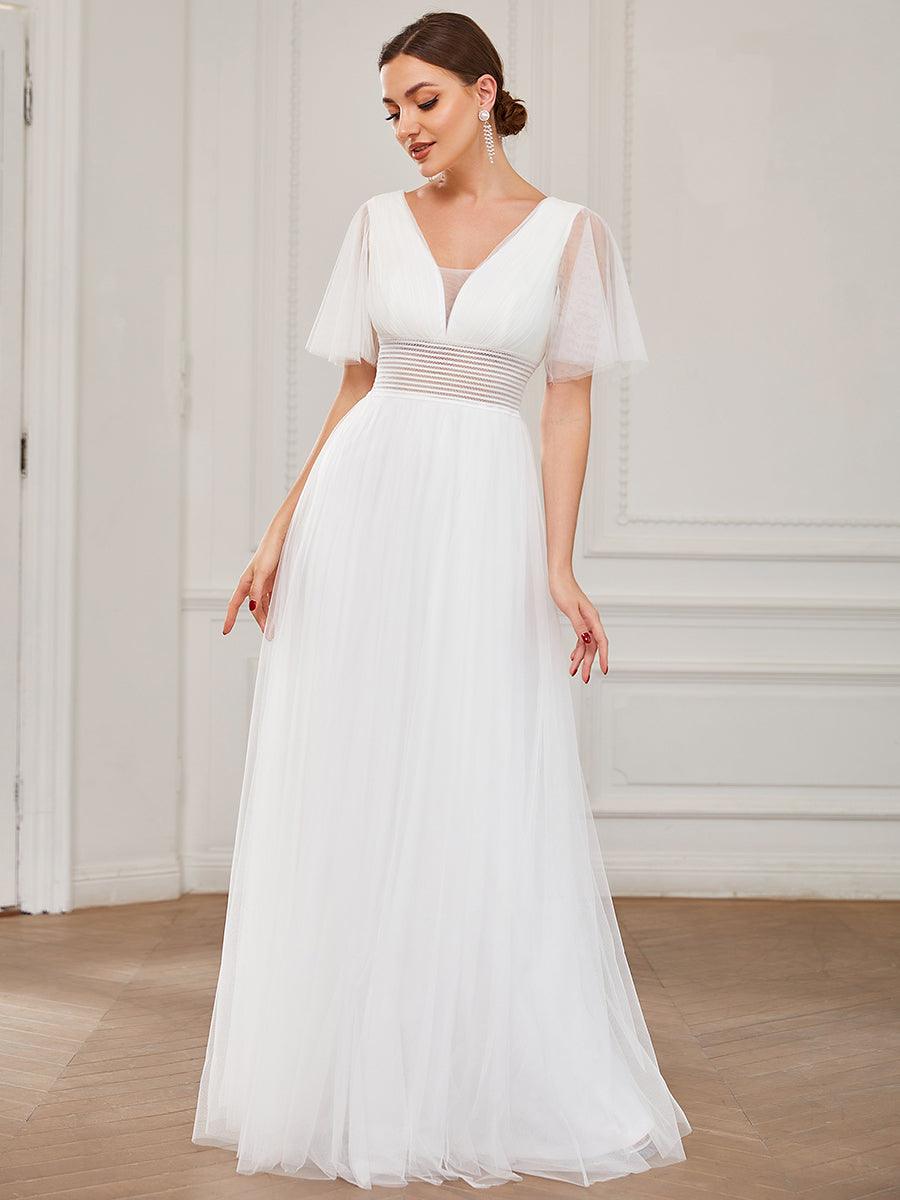 Robe de demoiselle d'honneur en tulle plissée à manches courtes et double col en V #Couleur_Blanc