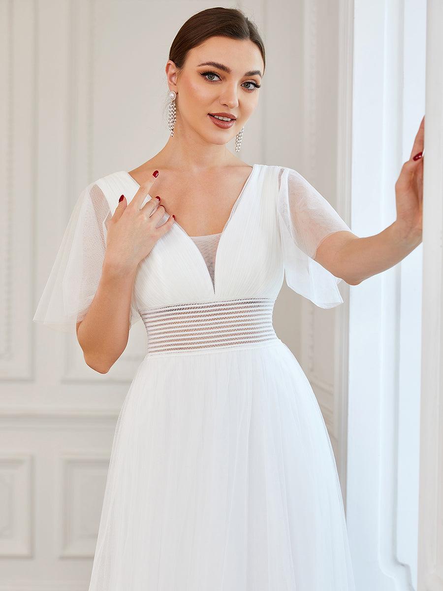 Robe de demoiselle d'honneur en tulle plissée à manches courtes et double col en V #Couleur_Blanc