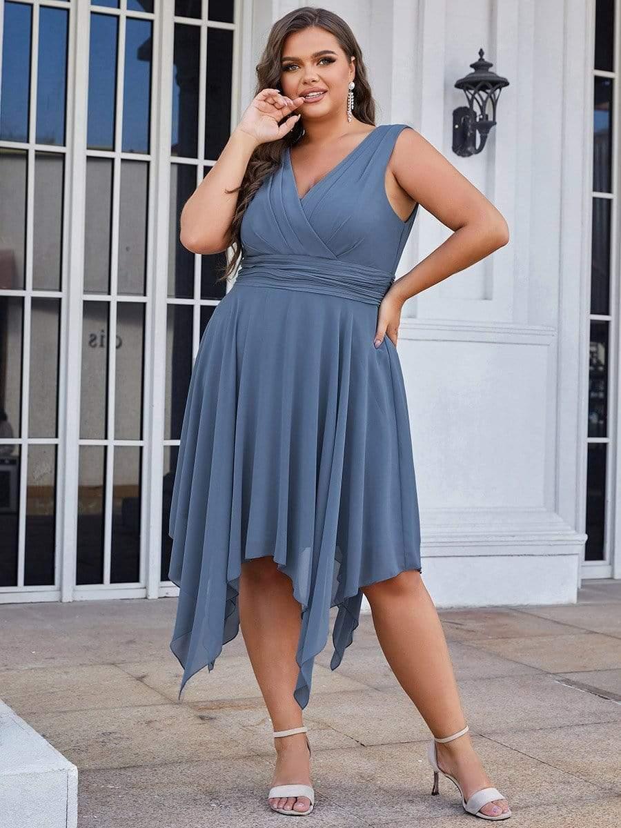 Robe de Demoiselle d'Honneur en Mousseline à Ourlet Asymétrique Longueur Genou de Grande Taille #Couleur_Marine Fume
