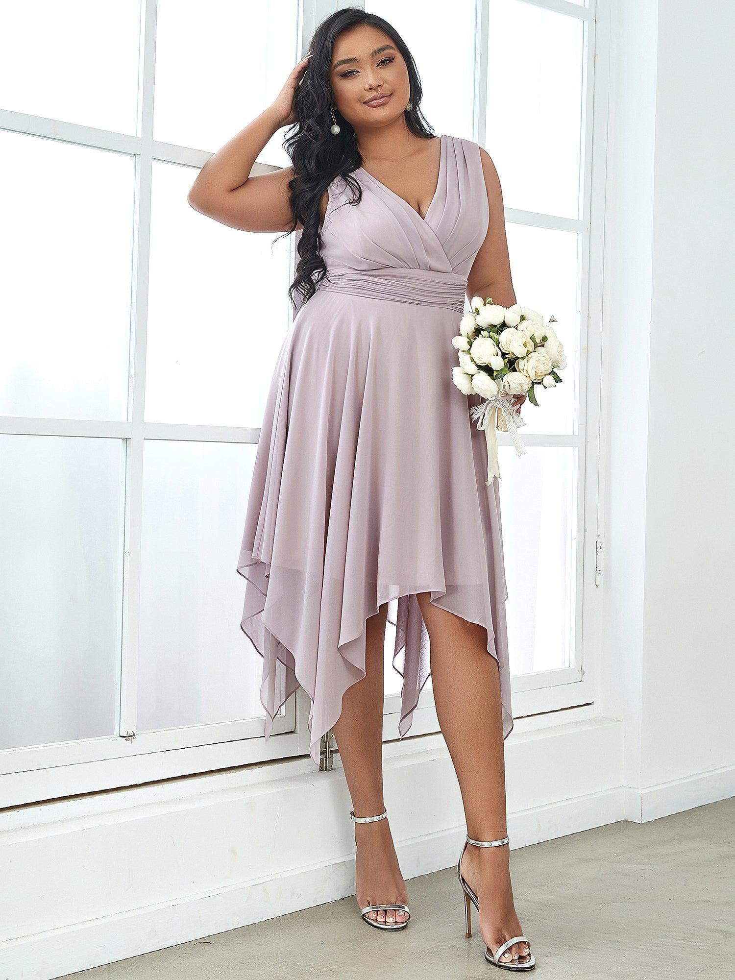 Robe mariage invitée en Mousseline à Ourlet Asymétrique Longueur Genou de Grande Taille #Couleur_Lilas