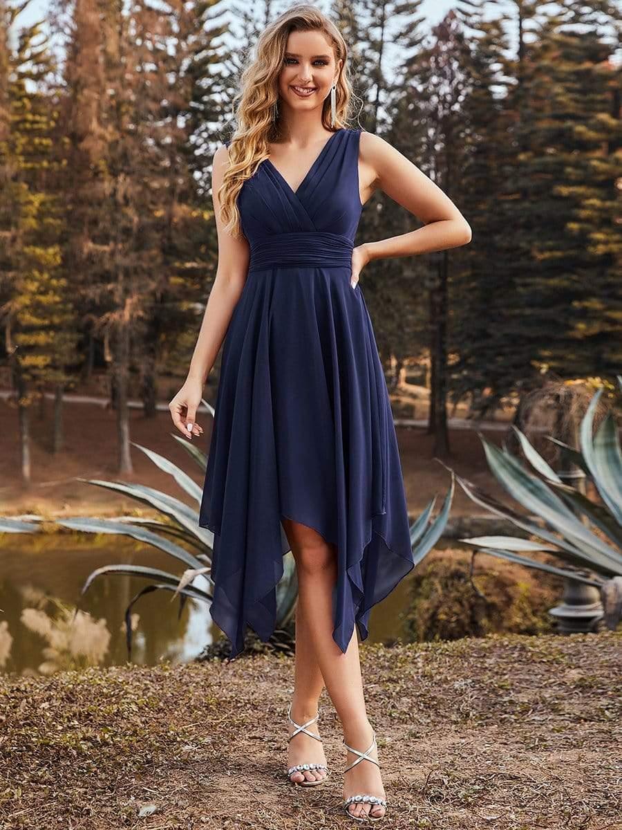 Taille Personnalisée Robe mariage invitée bohème en mousseline de soie col en V profond #Couleur_Bleu Marine