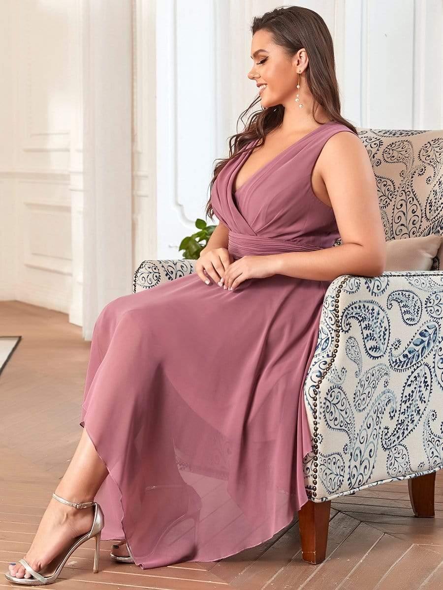Robe mariage invitée en Mousseline à Ourlet Asymétrique Longueur Genou de Grande Taille #Couleur_Orchidee