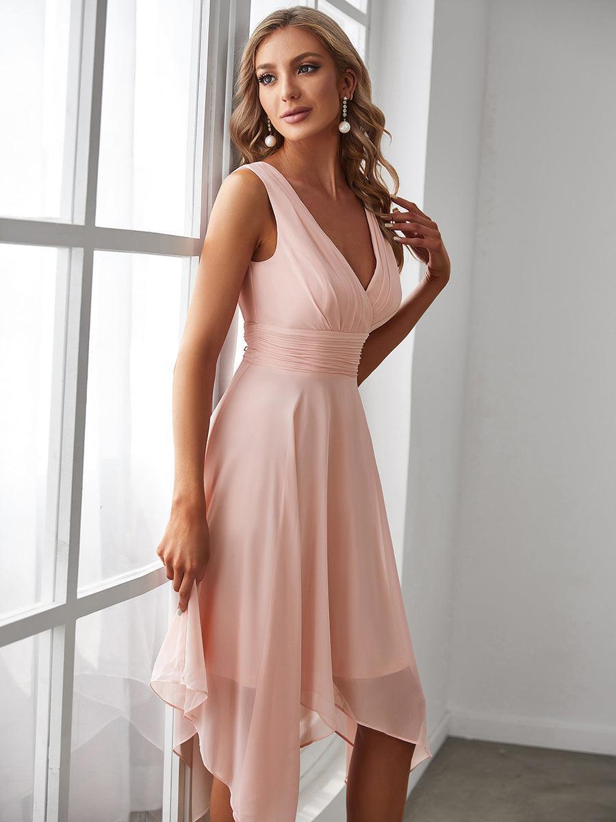 Robe de demoiselle d'honneur en mousseline de soie longueur genou avec ourlet irrégulier #Couleur_Rose