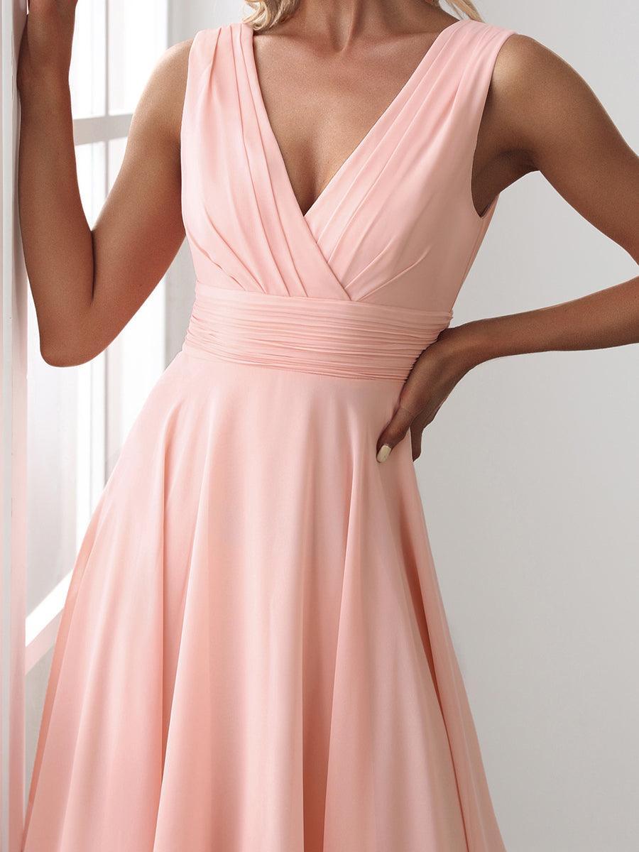 Robe de demoiselle d'honneur en mousseline de soie longueur genou avec ourlet irrégulier #Couleur_Rose