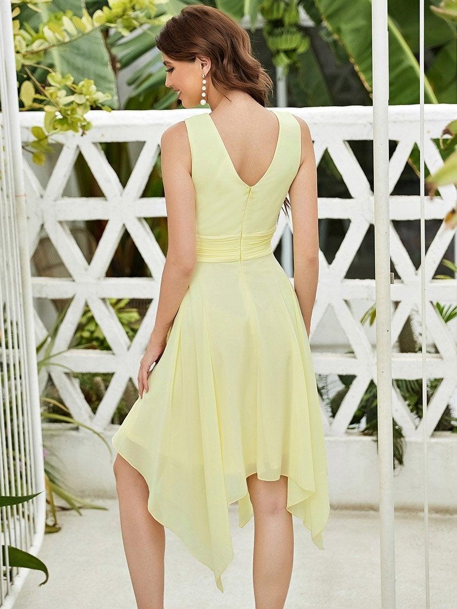 Robe de demoiselle d'honneur en mousseline de soie longueur genou avec ourlet irrégulier #Couleur_Jaune