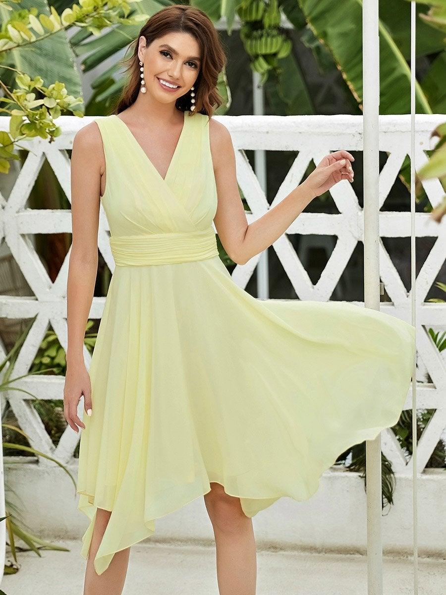 Robe de demoiselle d'honneur en mousseline de soie longueur genou avec ourlet irrégulier #Couleur_Jaune