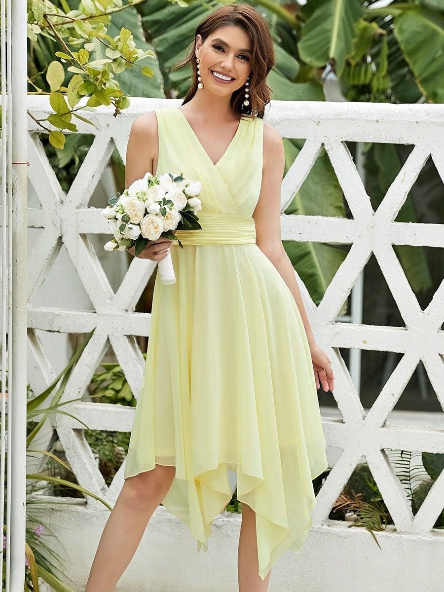 Robe de demoiselle d'honneur en mousseline de soie longueur genou avec ourlet irrégulier #Couleur_Jaune