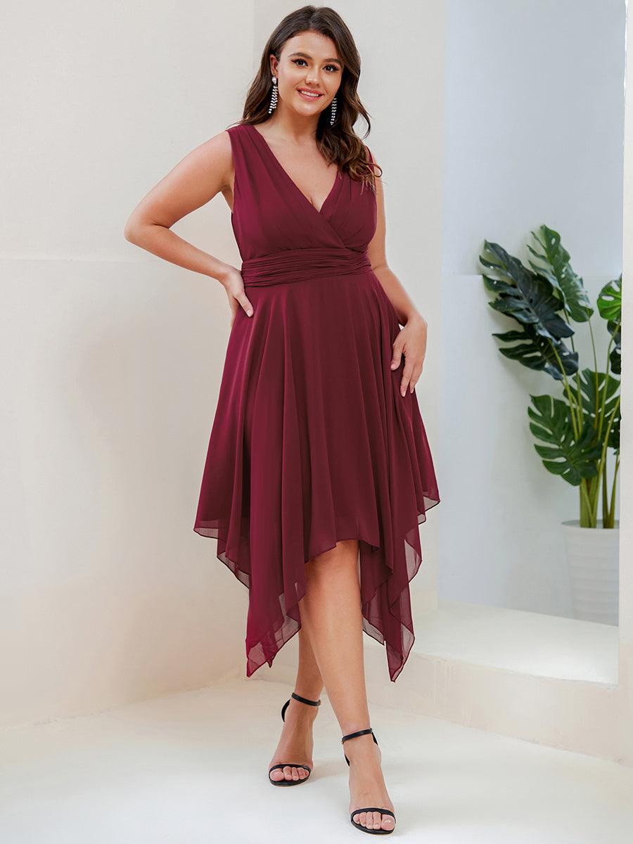Robe mariage invitée en Mousseline à Ourlet Asymétrique Longueur Genou de Grande Taille #Couleur_Bordeaux