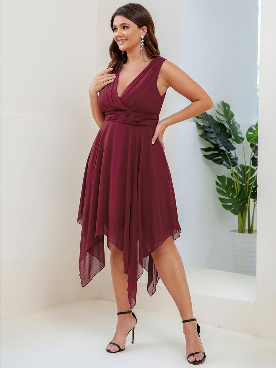 Robe mariage invitée en Mousseline à Ourlet Asymétrique Longueur Genou de Grande Taille #Couleur_Bordeaux