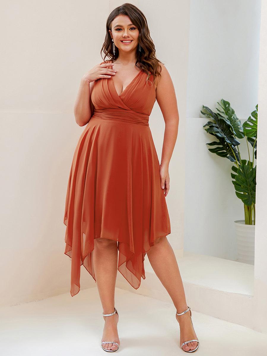 Robe mariage invitée en Mousseline à Ourlet Asymétrique Longueur Genou de Grande Taille #Couleur_Burnt Orange
