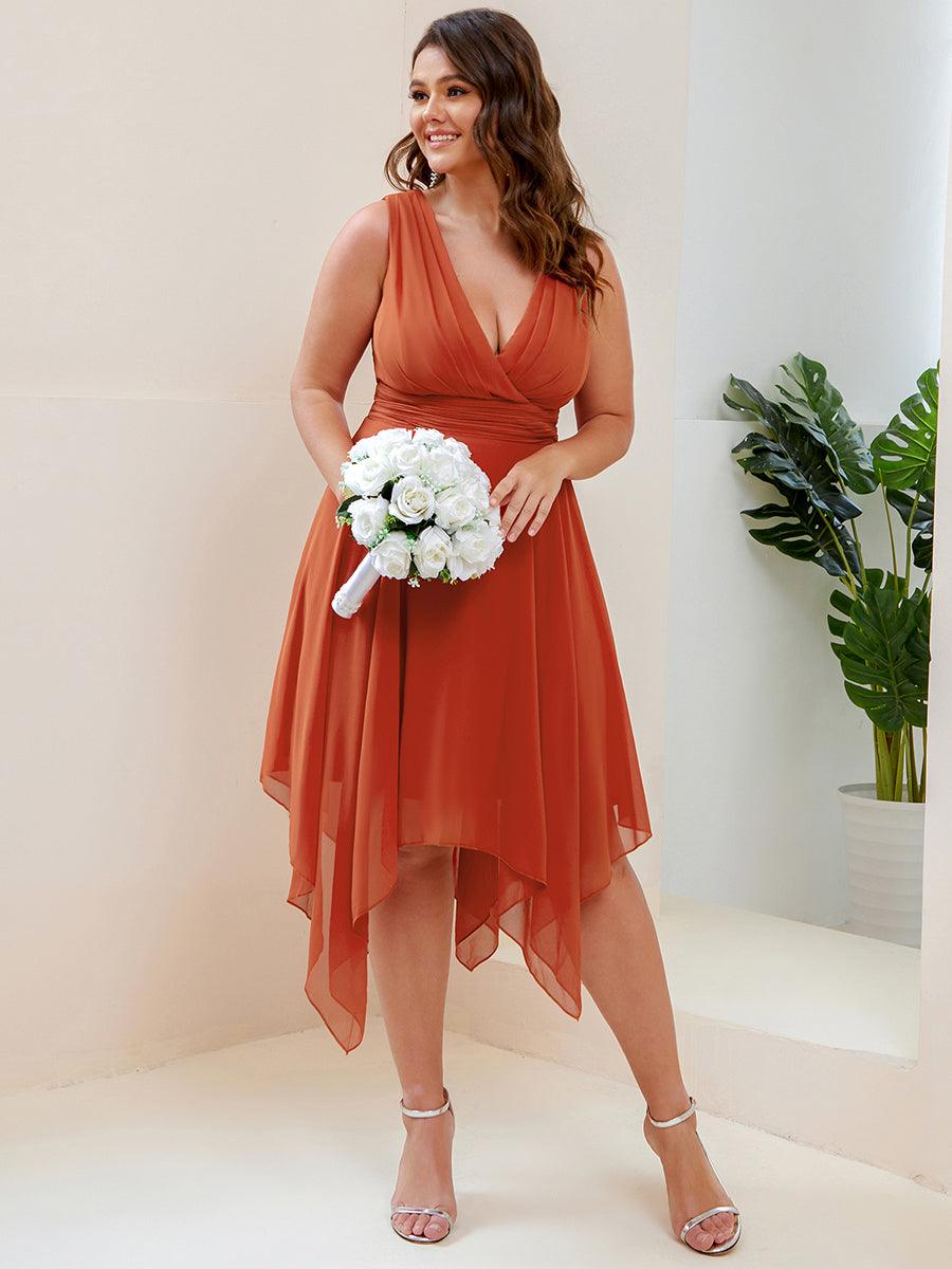 Robe mariage invitée en Mousseline à Ourlet Asymétrique Longueur Genou de Grande Taille #Couleur_Burnt Orange