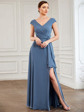 Robe de demoiselle d'honneur à col en V avec fente haute et taille nouée #Couleur_Marine Fume