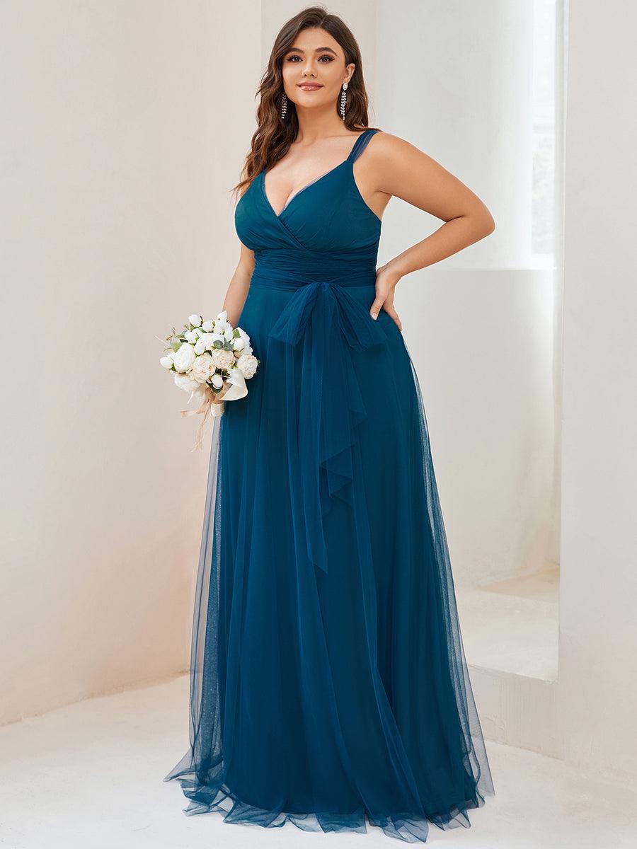 Robes De Demoiselle D'Honneur Maxi En Tulle à Col En V #Couleur_Bleu Sarcelle
