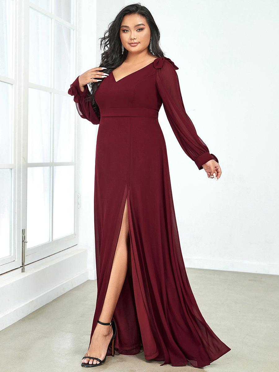 Robe de demoiselle d'honneur fendue à manches longues et col en V de grande taille #Couleur_Bordeaux