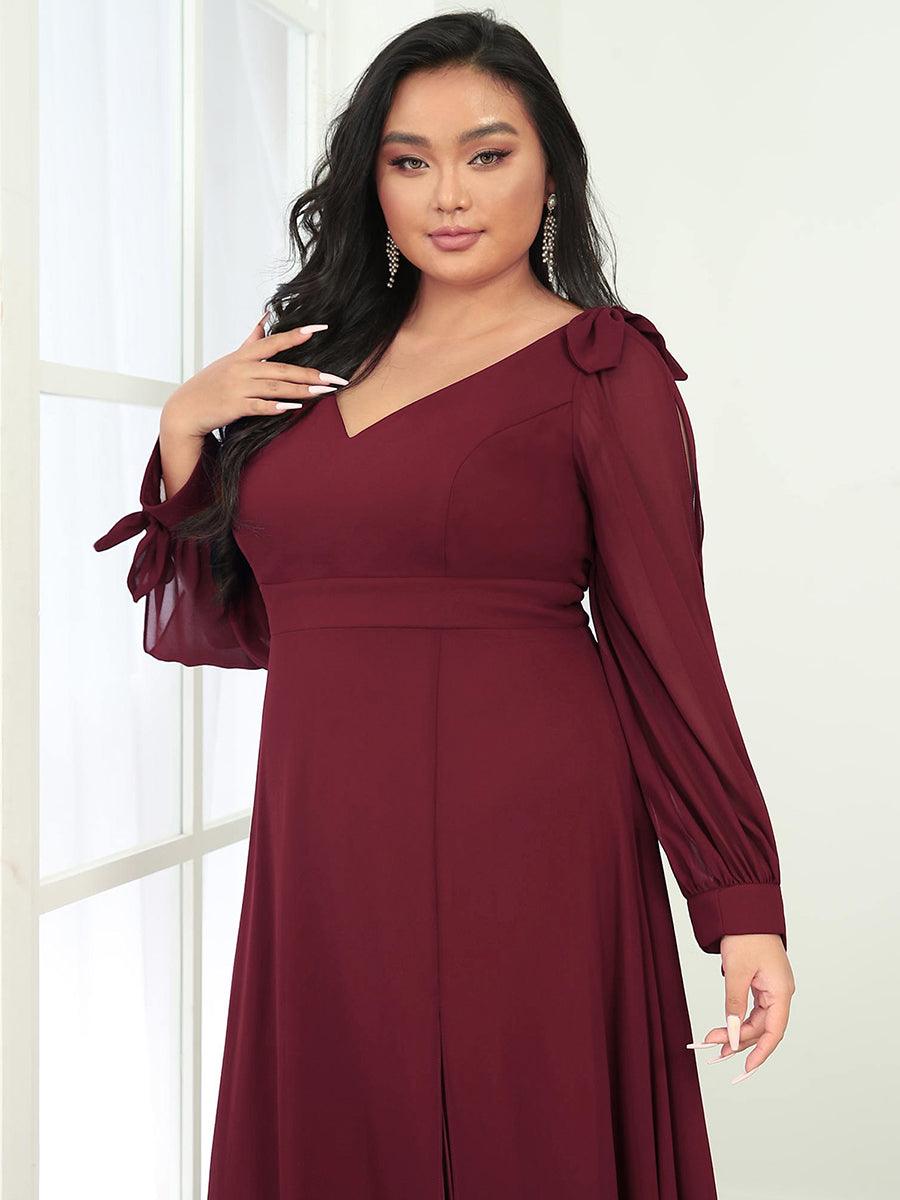 Robe de demoiselle d'honneur fendue à manches longues et col en V de grande taille #Couleur_Bordeaux
