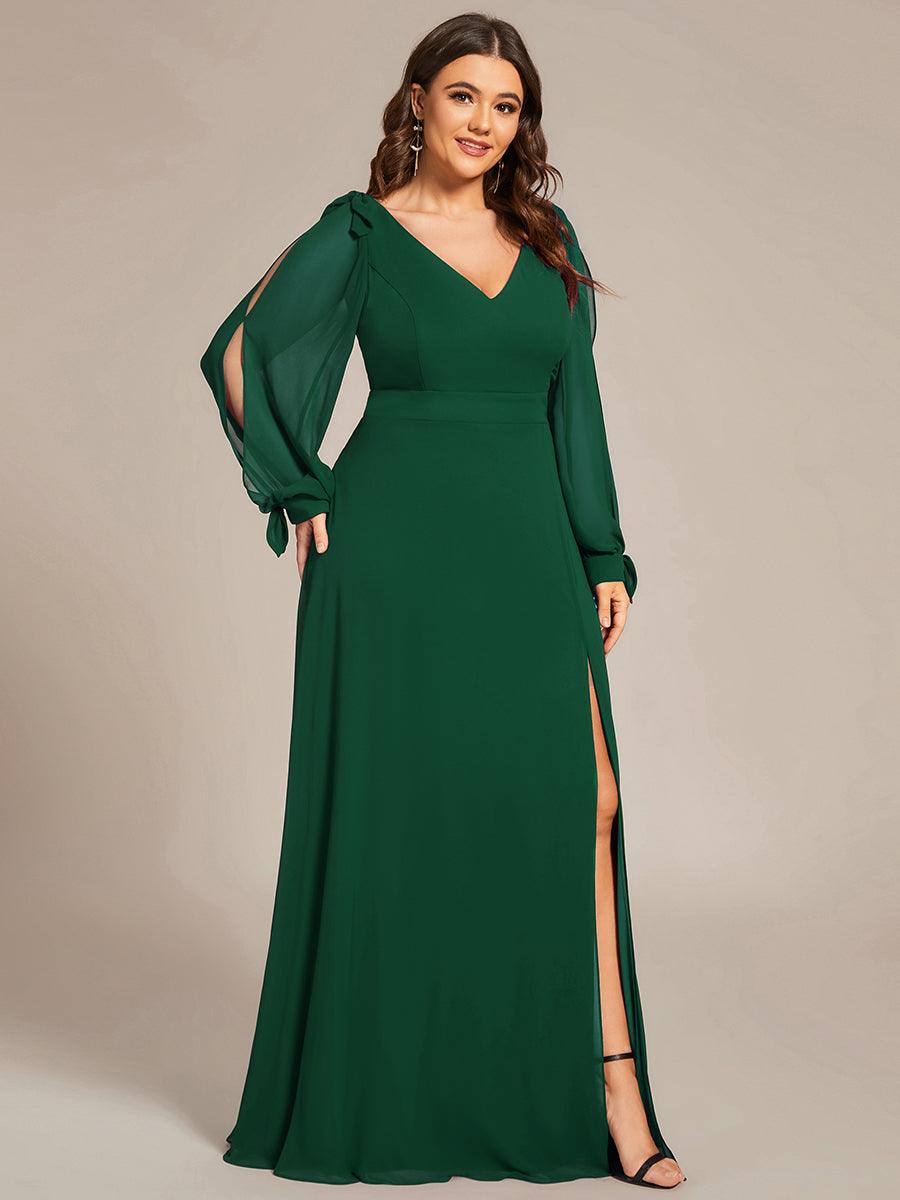 Robe de demoiselle d'honneur fendue à manches longues et col en V de grande taille #Couleur_Vert Fonce