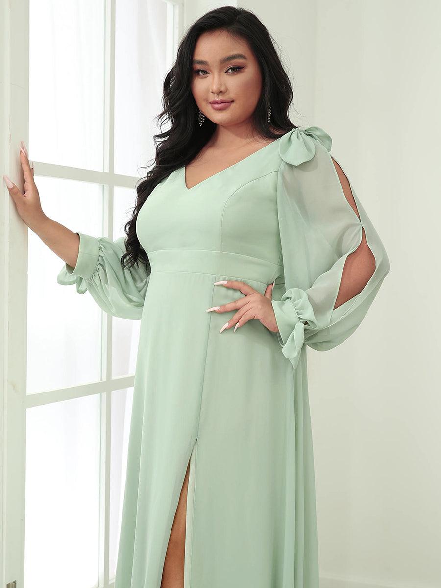 Robe de demoiselle d'honneur fendue à manches longues et col en V de grande taille #Couleur_Menthe Verte