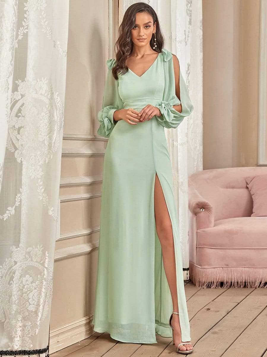 Robe de demoiselle d'honneur à manches fendues et dos nu #Couleur_Menthe Verte