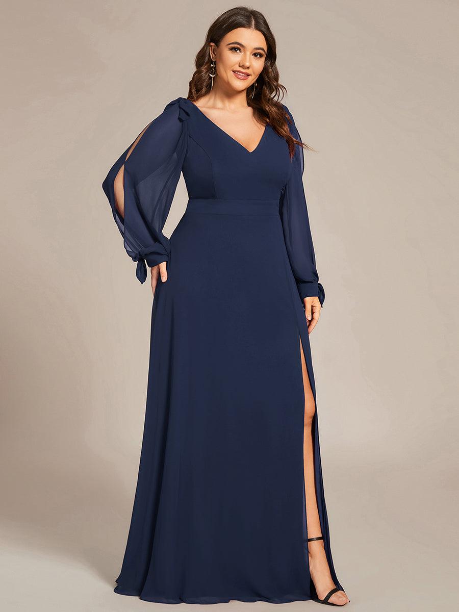 Robe de demoiselle d'honneur fendue à manches longues et col en V de grande taille #Couleur_Bleu Marine