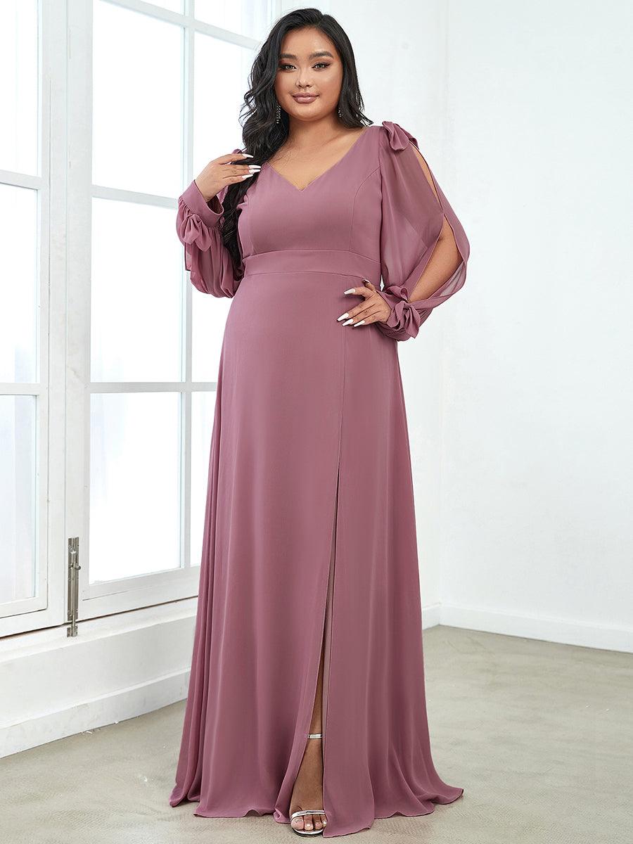 Robe de demoiselle d'honneur fendue à manches longues et col en V de grande taille #Couleur_Orchidee