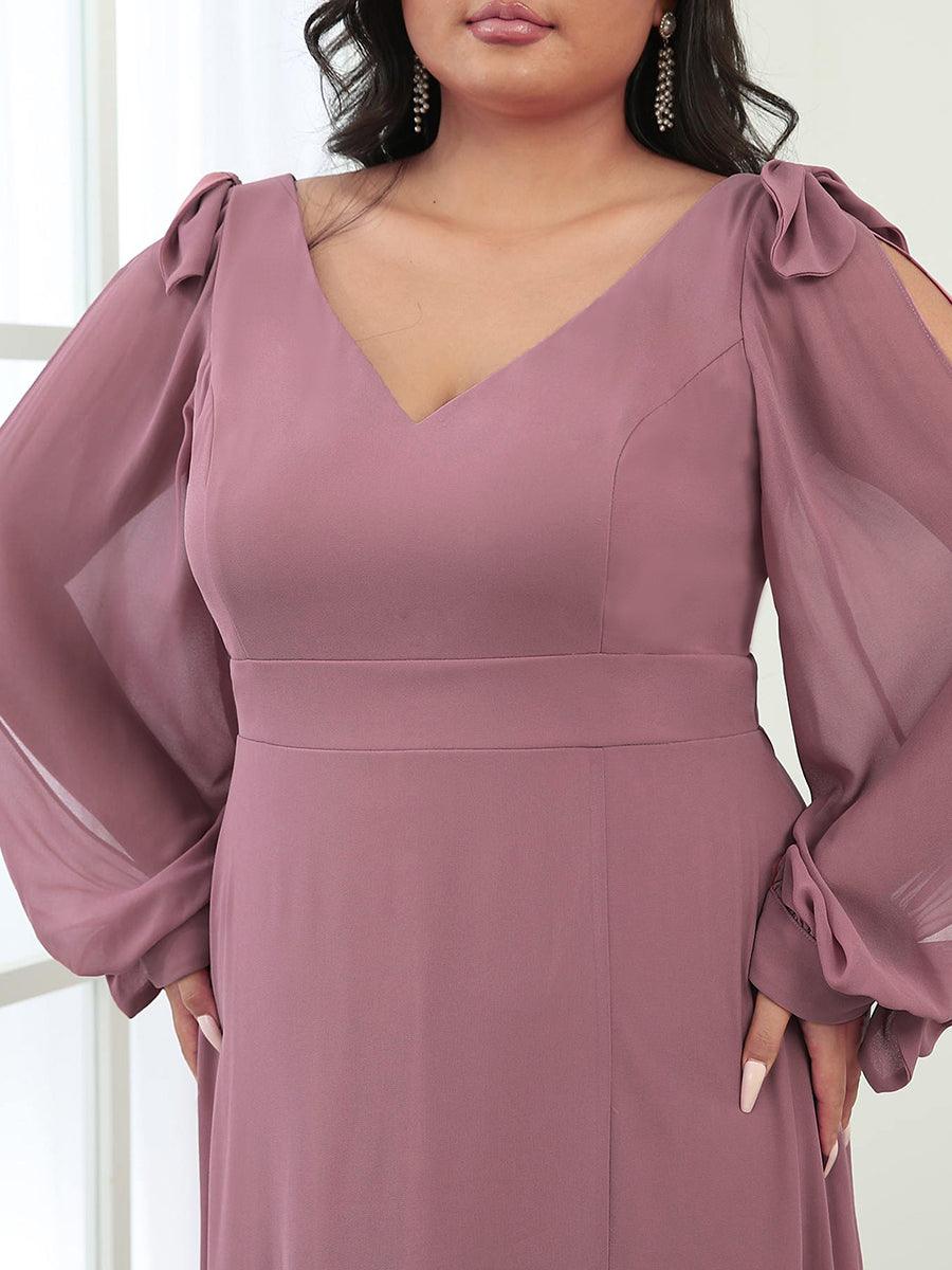 Robe de demoiselle d'honneur fendue à manches longues et col en V de grande taille #Couleur_Orchidee