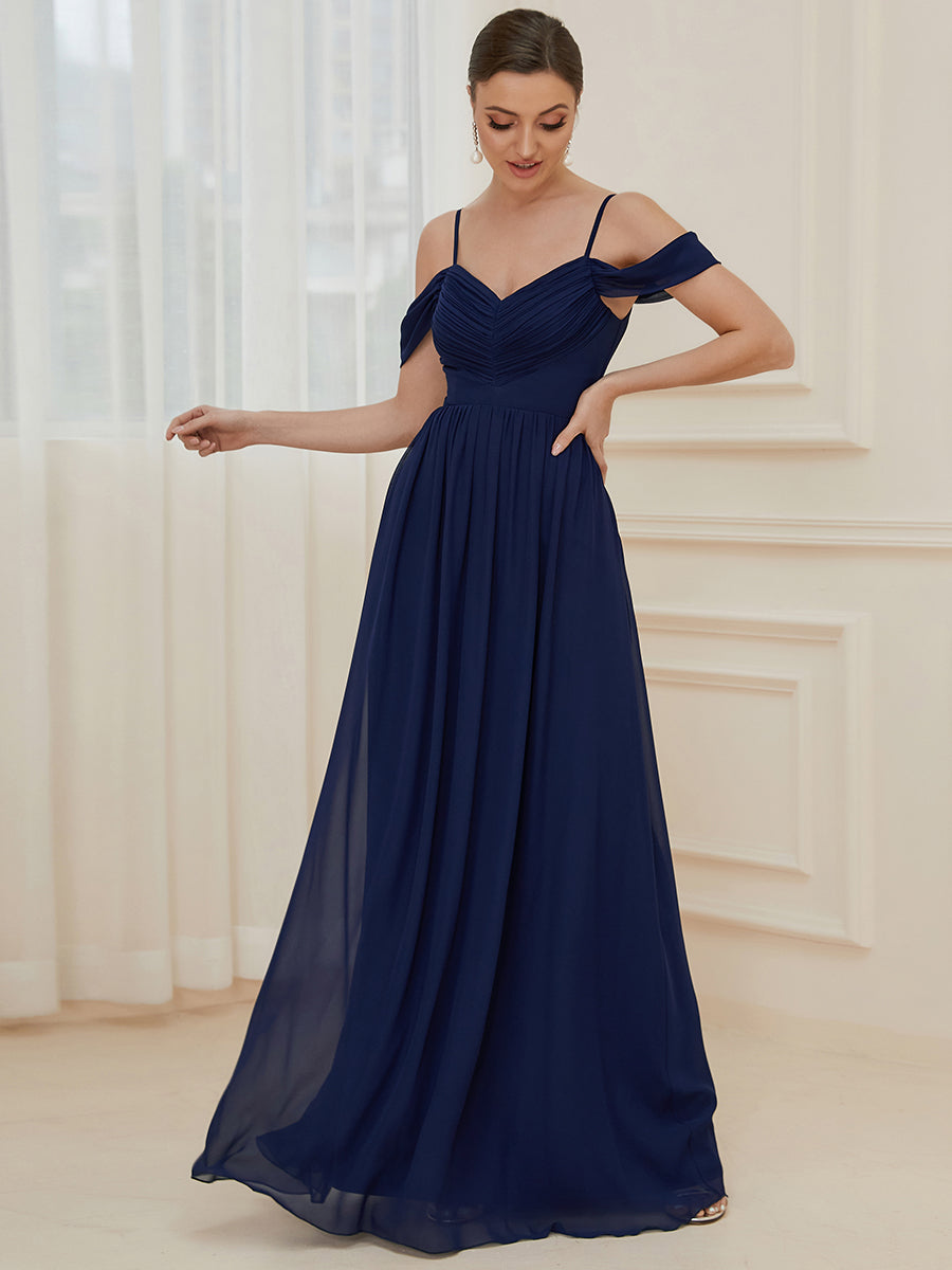 Robe de demoiselle d'honneur plissée à épaules dénudées #Couleur_Bleu Marine