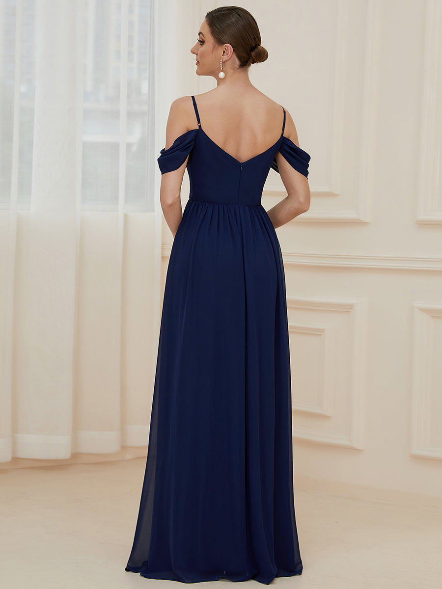 Robe de demoiselle d'honneur plissée à épaules dénudées #Couleur_Bleu Marine