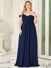 Robe de demoiselle d'honneur plissée à épaules dénudées longueur au sol grande taille #Couleur_Bleu Marine